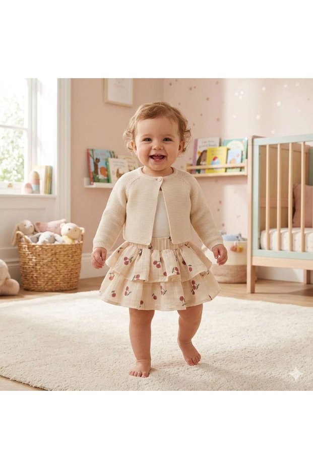 Cherry 100% Organic Cotton Baby Girl Cardigan 3-Piece Set Ecru