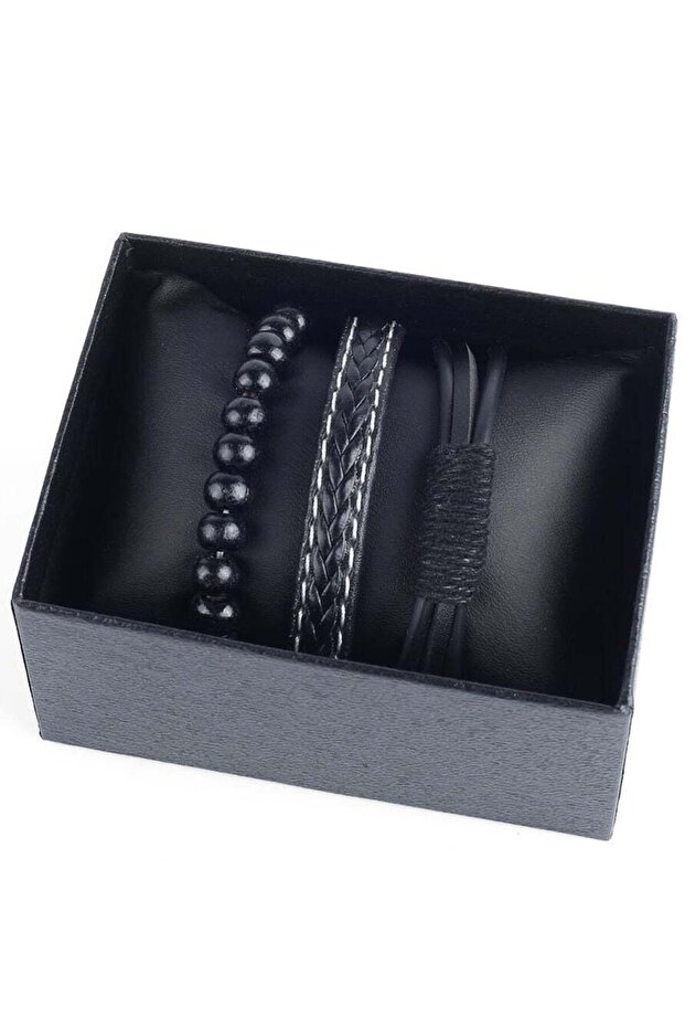 Luxury Leather Bracelet Set for Men - 3-Piece Set of Stylish Black Faux Leather Bracelets
