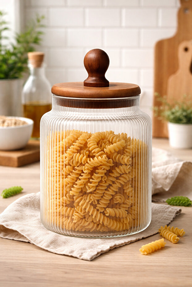 1200 ml Acacia Lid Sectioned Glass Jar – Stylish Ribbed Design, Airtight Storage Container