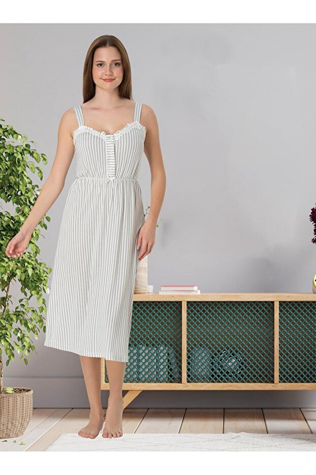 Dvina Maternity Nightgown with Striped Patterned Straps - Gray