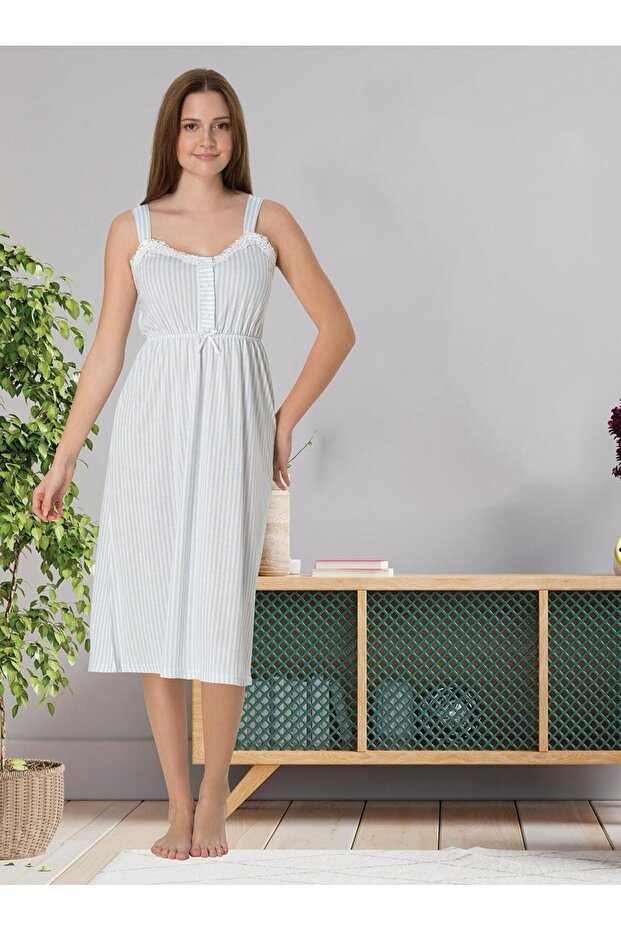Dvina Maternity Nightgown with Striped Patterned Straps - Blue