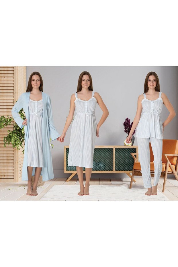 Dvina Maternity Nightgown, Dressing Gown and Pajama Set Complete Set - 4-Piece Set - Blue