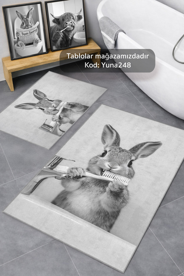 Bathroom and Toilet Mat, Rabbit Patterned Digital Print Pack of Washable Non-Slip Bathroom Mat Hyuna1