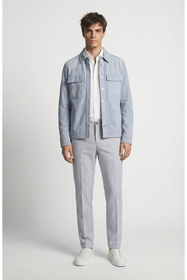 Mavi Çıtçıtlı Süet Deri Mont - 2