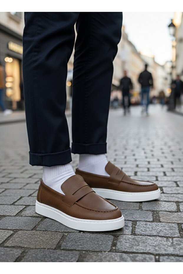 Ba0580 Laceless Belted High Sole Tan Skin Men's Shoes