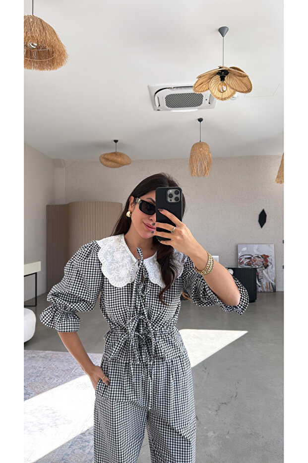 طقم بلوزة وبنطلون أسود نقشة مربعات جنهام ياكاليدو - 5