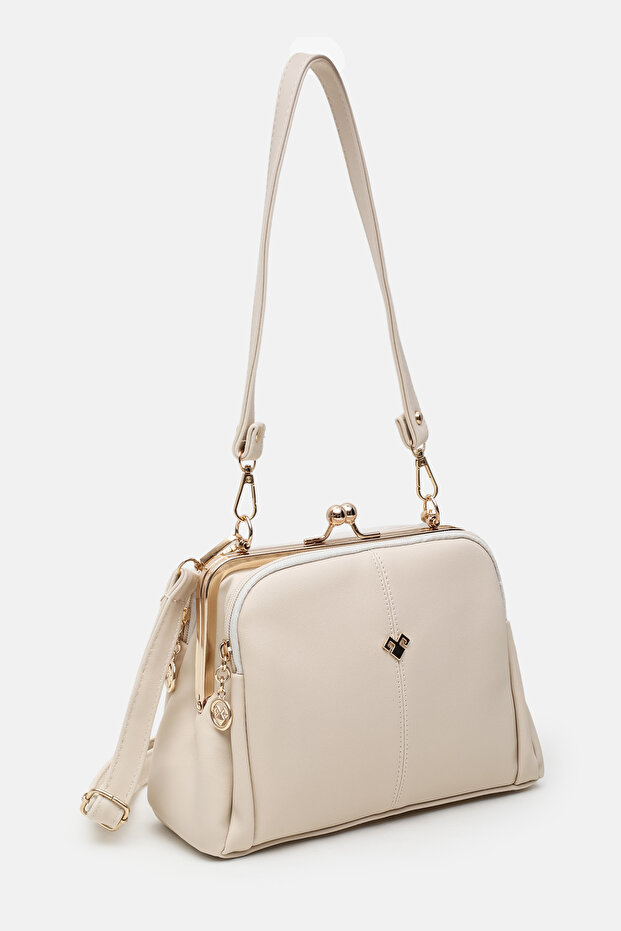 Women's Cream Clip-On Multi-Compartment Soft Leather Hand, Shoulder and Crossbody Bag