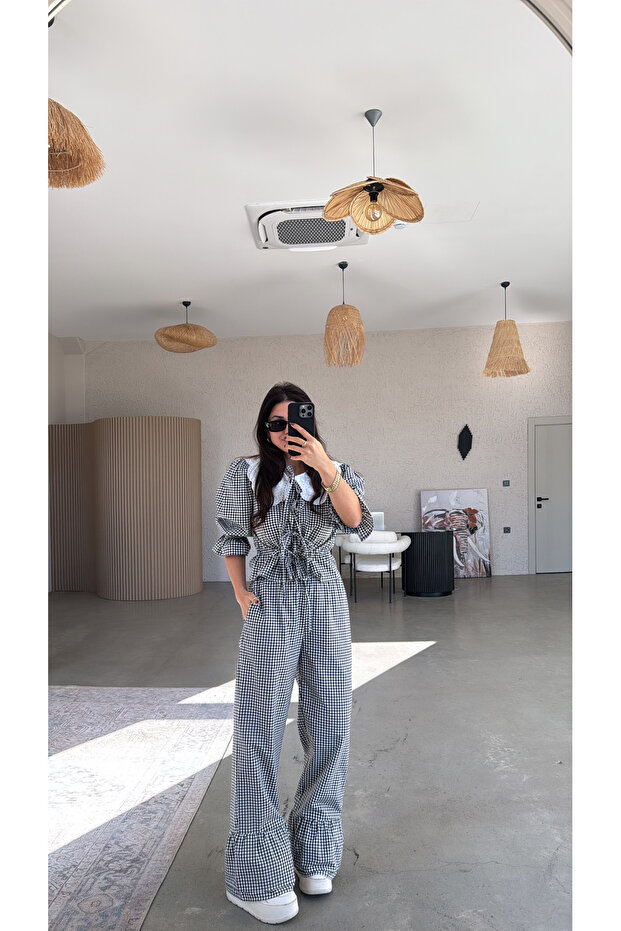 طقم بلوزة وبنطلون أسود نقشة مربعات جنهام ياكاليدو - 3