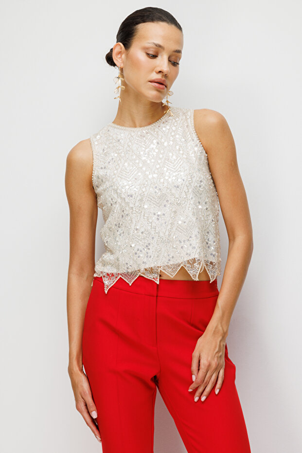 Pullu Payetli Kolsuz Bluz - 2