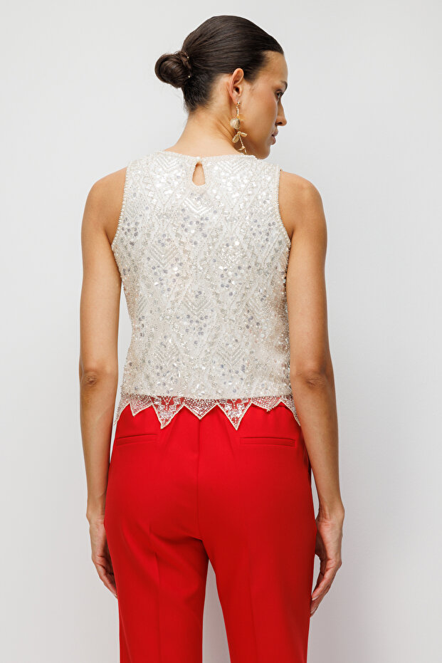 Pullu Payetli Kolsuz Bluz - 4