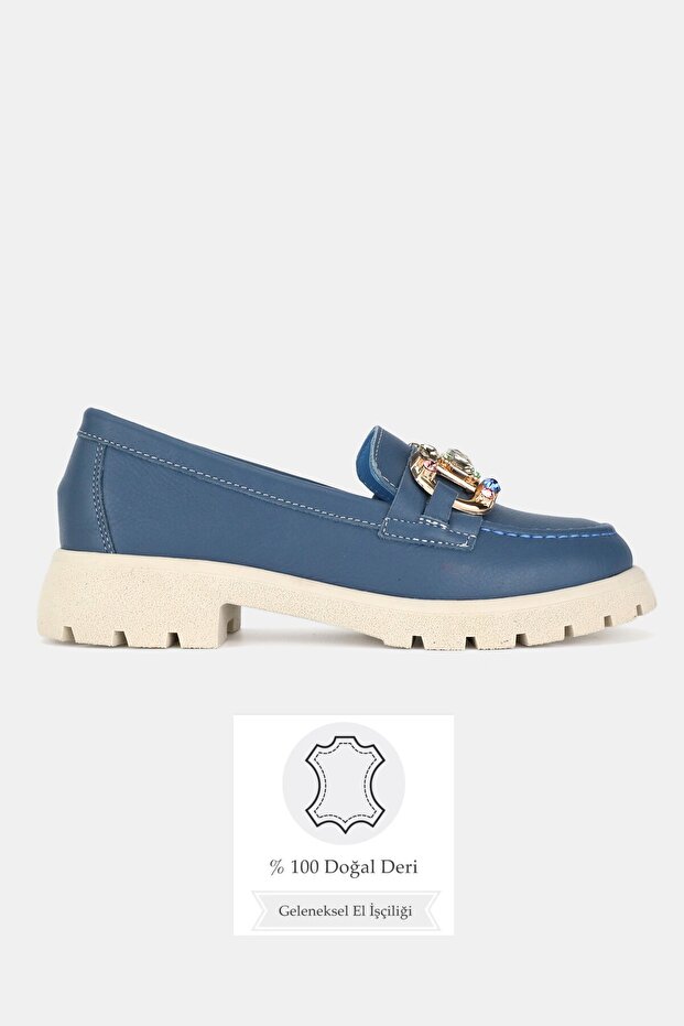 Women's Blue Genuine Natural Leather Leather -41 Number Stone Buckle Loaf Loafers Kkabi