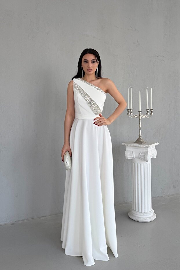White One-Shoulder Stone Embellished Evening Dress