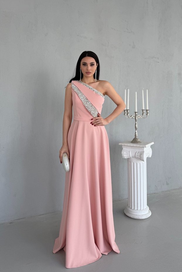 Powder One-Shoulder Stone Embellished Evening Dress
