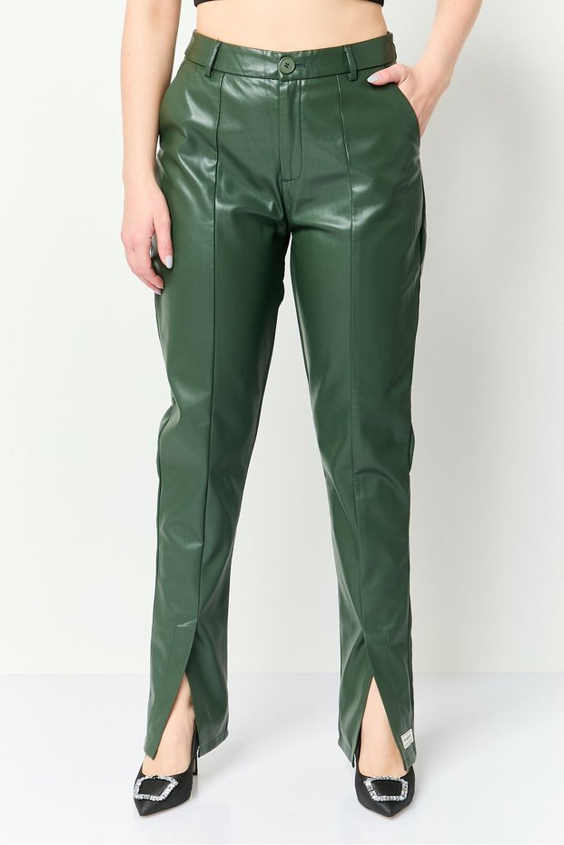 Women Skinny Fit Leather Straight Pants, Olive