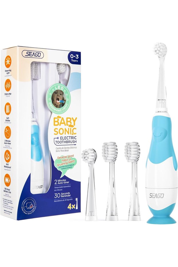 Toddler Electric Toothbrushes for Baby Ages 0-3 Years, Baby Toothbrush with Smart Timer and Suction Base, 4 Replacement Brush Heads SG-513 Blue