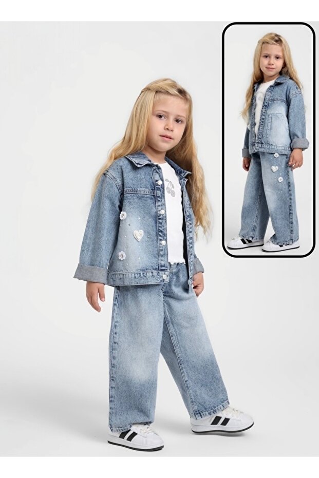Heart and flower embellished Wide-Leg Denim trousers