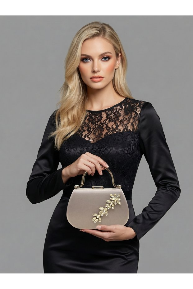 Silver Color Glittery Satin Stone Strappy Chain Women's Evening Dress Bag Wedding Engagement Graduation