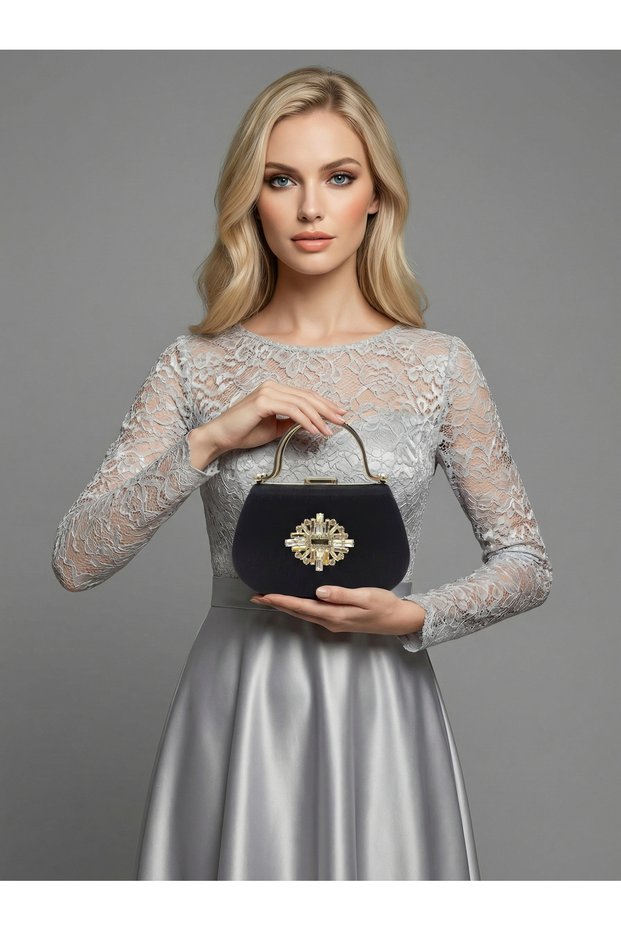Black Color Glittery Satin Stone Strappy Chain Women's Evening Dress Bag Wedding Engagement Graduation