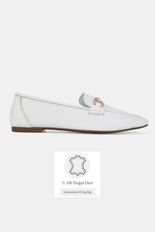 Women's White Genuine Natural De Leather 6-41 Size Buckle Flats