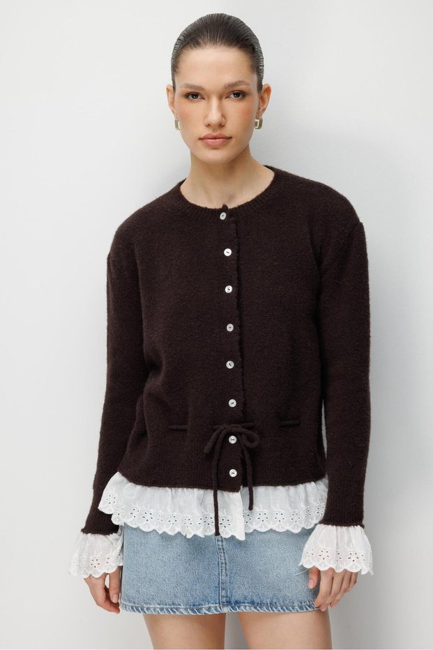 7025 Women's Lace Detailed Soft Knitwear Cardigan Brown