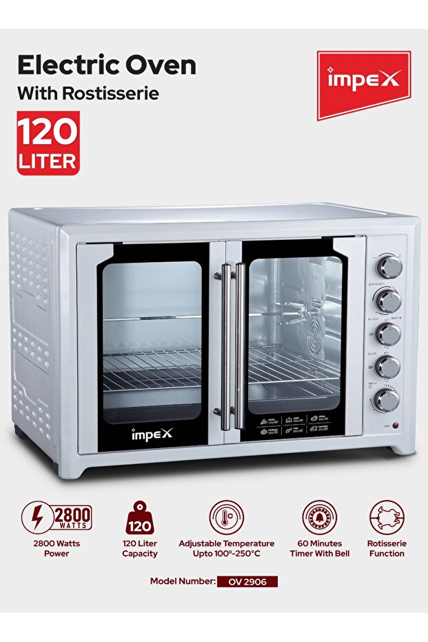 OV 2906 Electric Oven Double Door Rotisserie Convection 2800W 5 Knobs Timer 230C 60Min SS