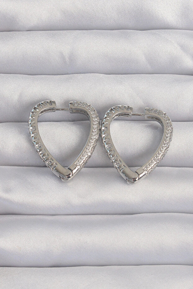 Brass Silver Color Zircon Stone Motif Heart Earrings