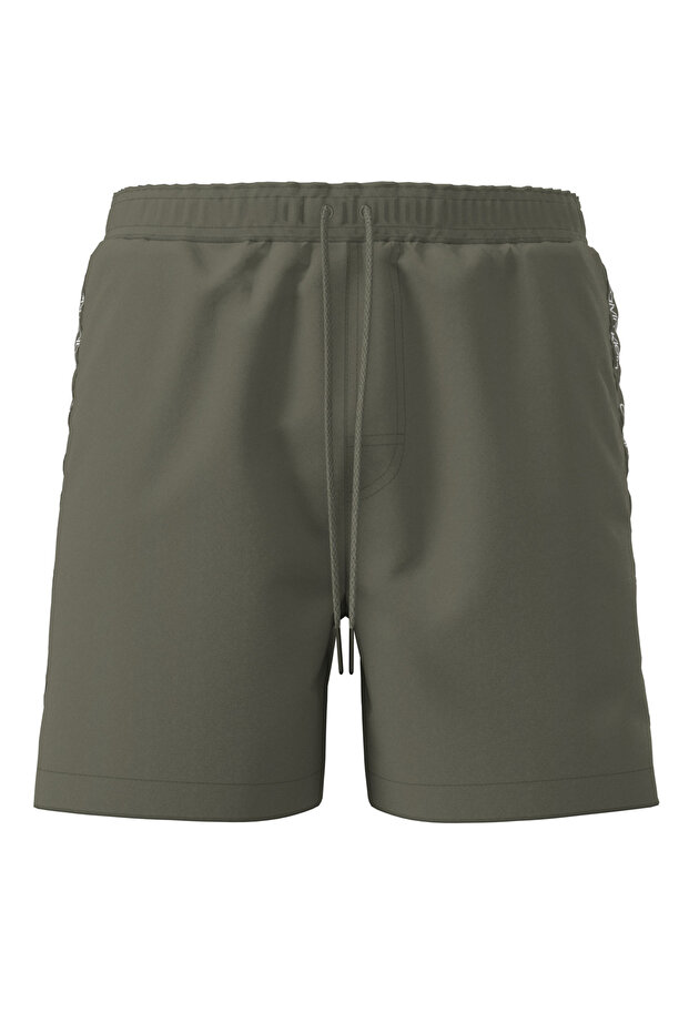 Men's Khaki Yan Striped Detail Medium Length Drawstring Swim Shorts