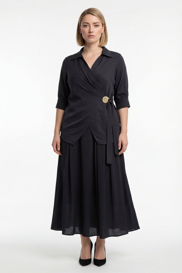Women's Black Summer Belt with Elastic Waist and Special Accessories Top and Bottom Set