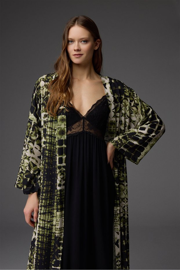 Viscose Dressing Gown Set of Lace with Straps Nightgown Set Bm-1840