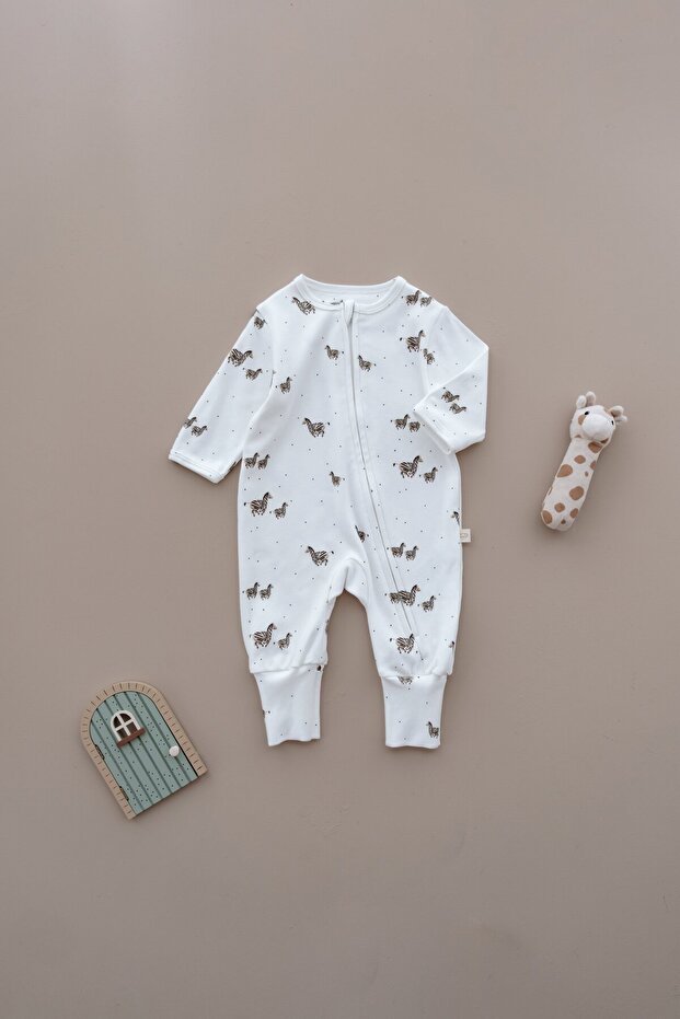 Zebra Printed Calmy Series Zippered Jumpsuit with Self-Patch Detail