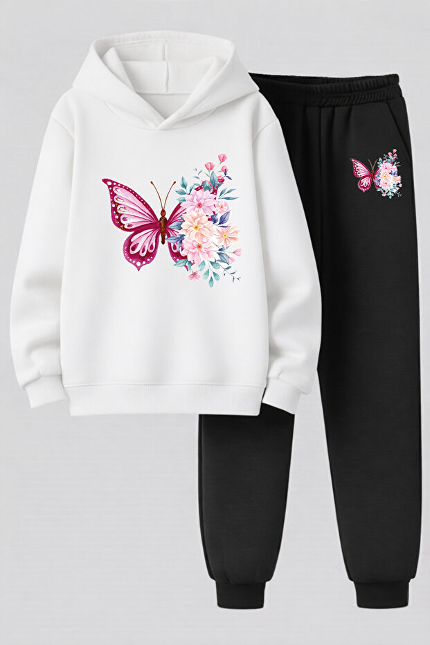 Butterfly Printed 3-Yarn Quality Sweatshirt and Sweatpants Children's Top-Bottom Set