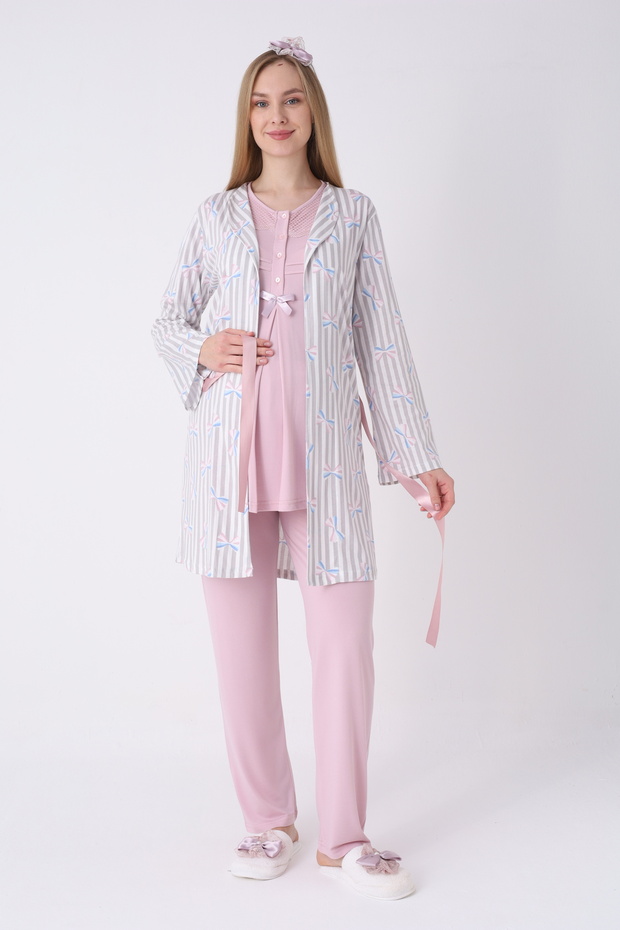Women's Maternity & Pregnancy 3-Piece Pajama Set - with Dressing Gown, Nursing Detail, and Patterned Maternity Sets
