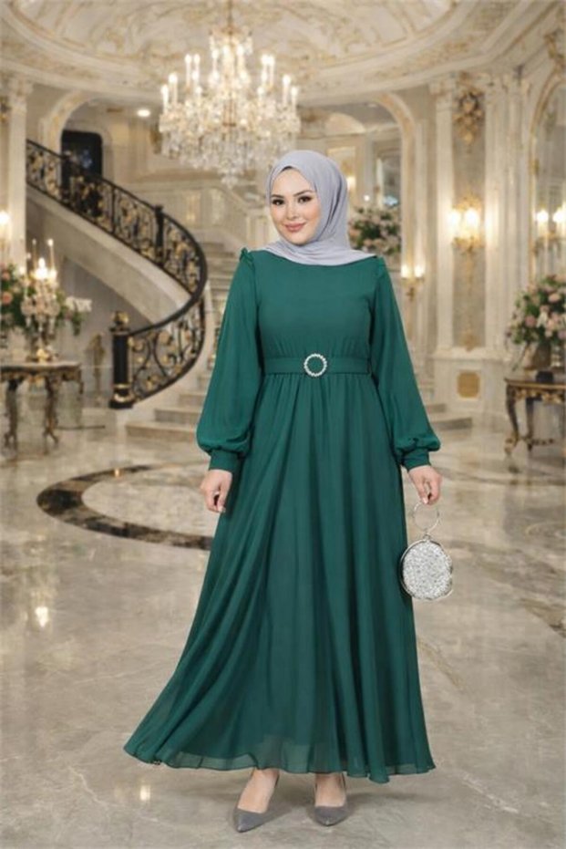 Women's Emerald Green Tulle Fabric Belt Detail Plus Size Hijab Dress Nbft006