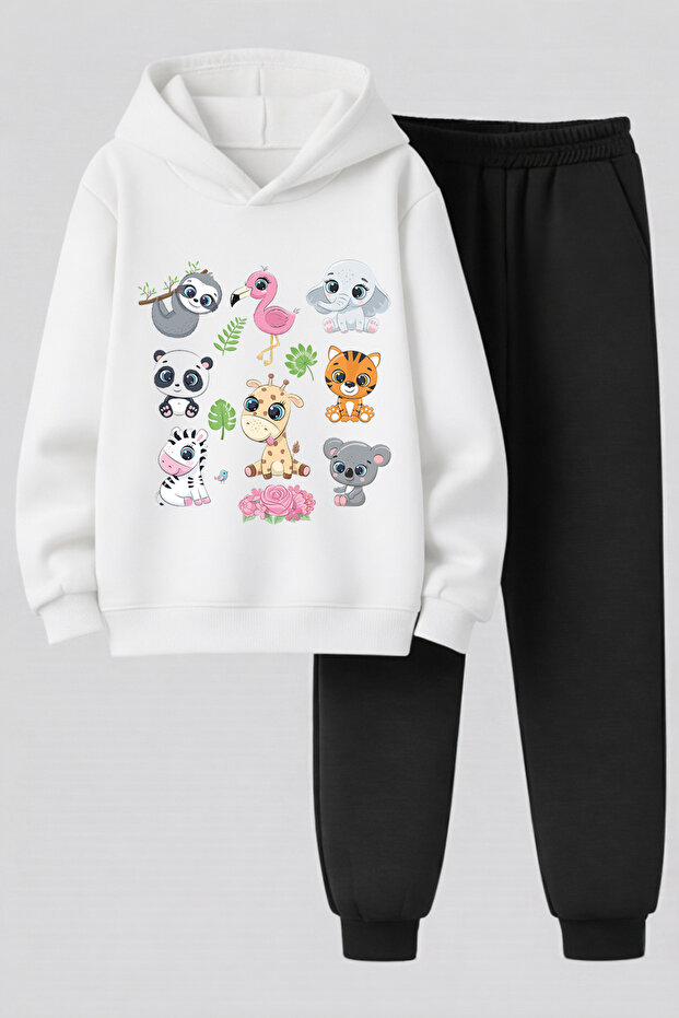 Zoo Printed 3-Yarn Quality Sweatshirt and Sweatpants Kids' Top-Bottom Set