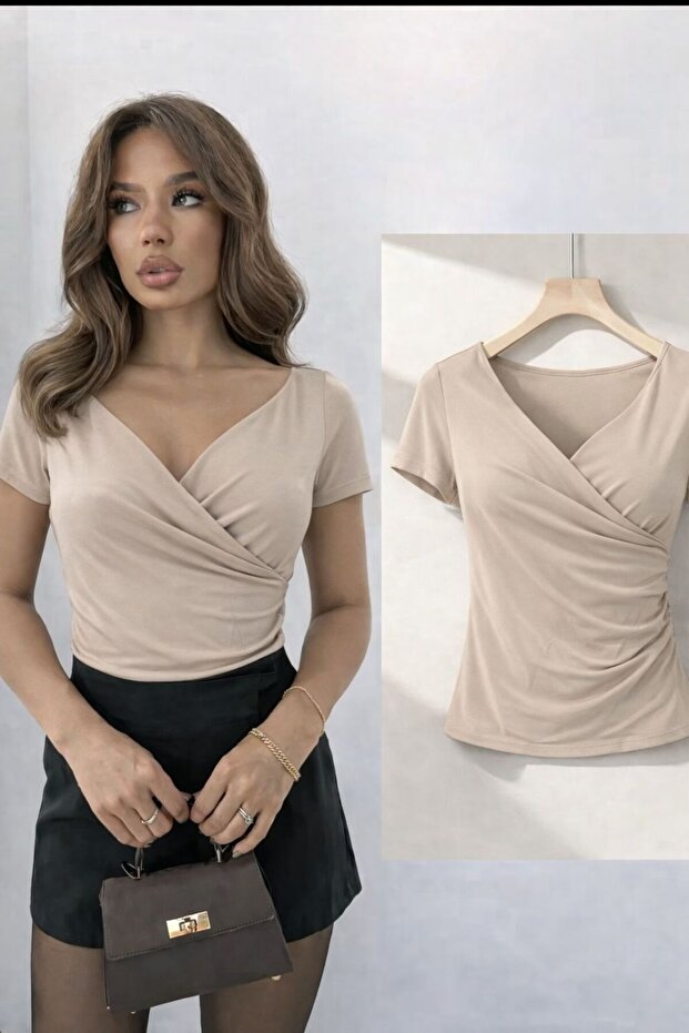 New Season Women's V-Neck Stretch Fabric Sandy Short Sleeve Blouse 129