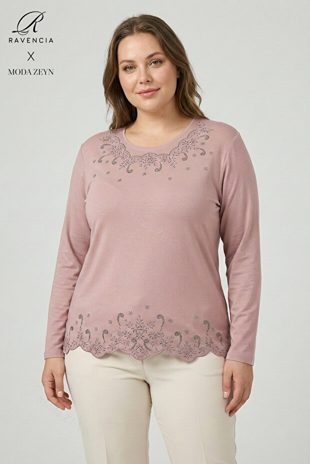 Women's Powder Star Patterned Stoned Slit Lycra Mother Combed Cotton Blouse