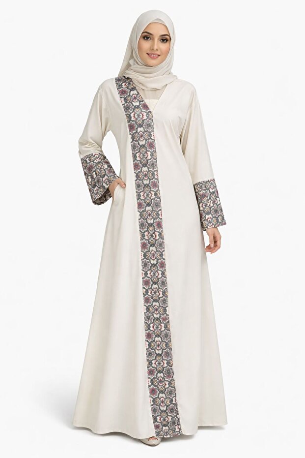Fleur 2-in-1 Buttoned Open Abaya with Central Floral Embroidery & Matching Hijab
