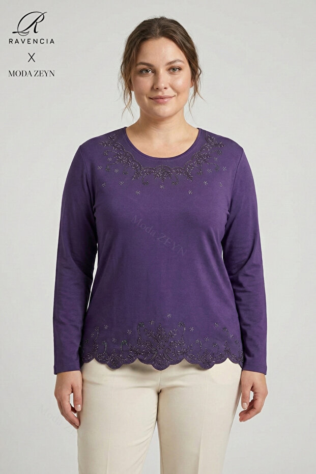 Women's Plum Star Patterned Stoned Slit Lycra Mother Combed Cotton Blouse