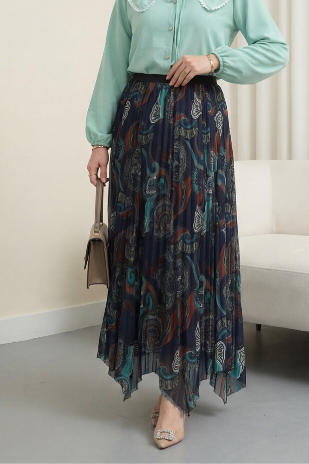 Mixed Pattern Elastic Waist Asymmetrical Cut Lined Tulle Skirt - Water Green