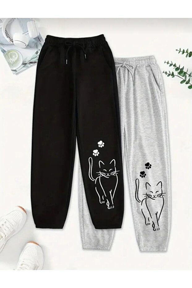Winter Girl's Gray-Black Cat Printed Bottom Tracksuit