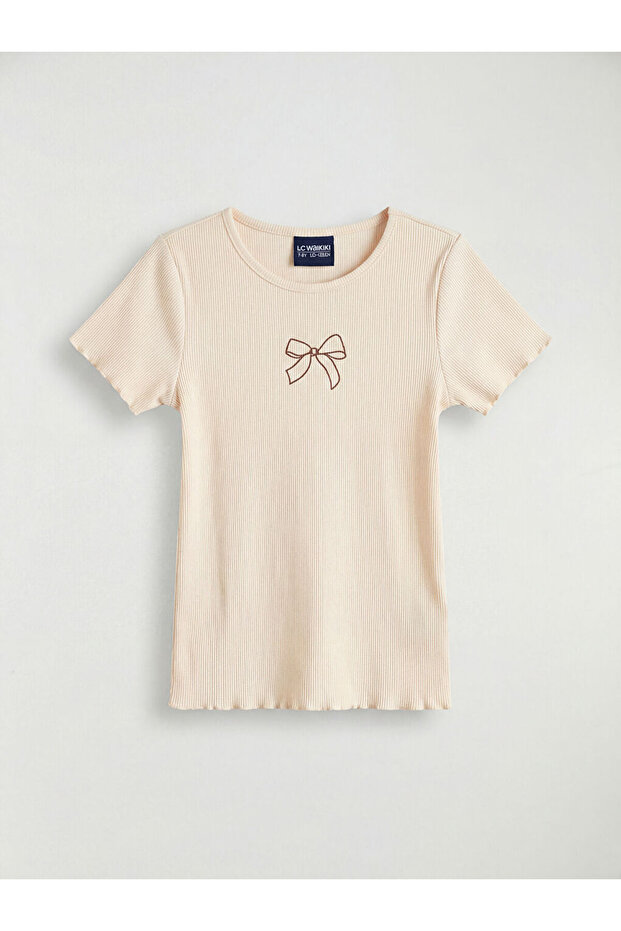 Ecru Crew Neck Bow Printed Girls' T-Shirt