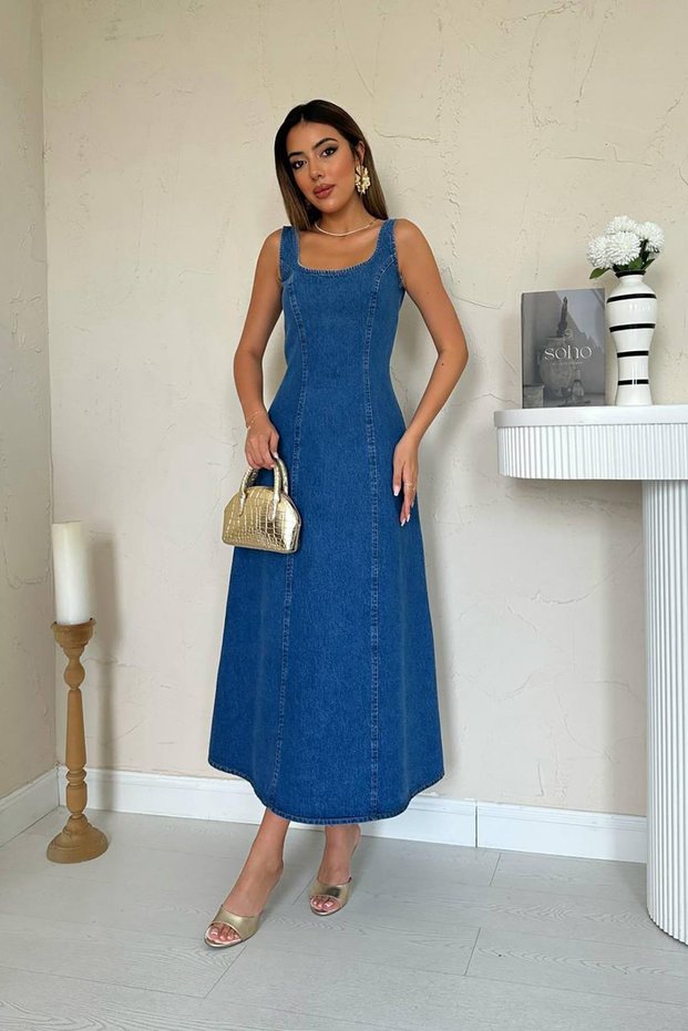 Women's Zip Detail Square Neck Long Denim Dress Jean Gilet Dress