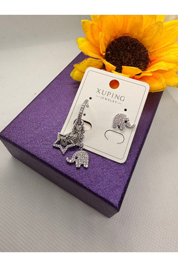 Zircon Stone Elephant Figure Hanging Steel Earrings