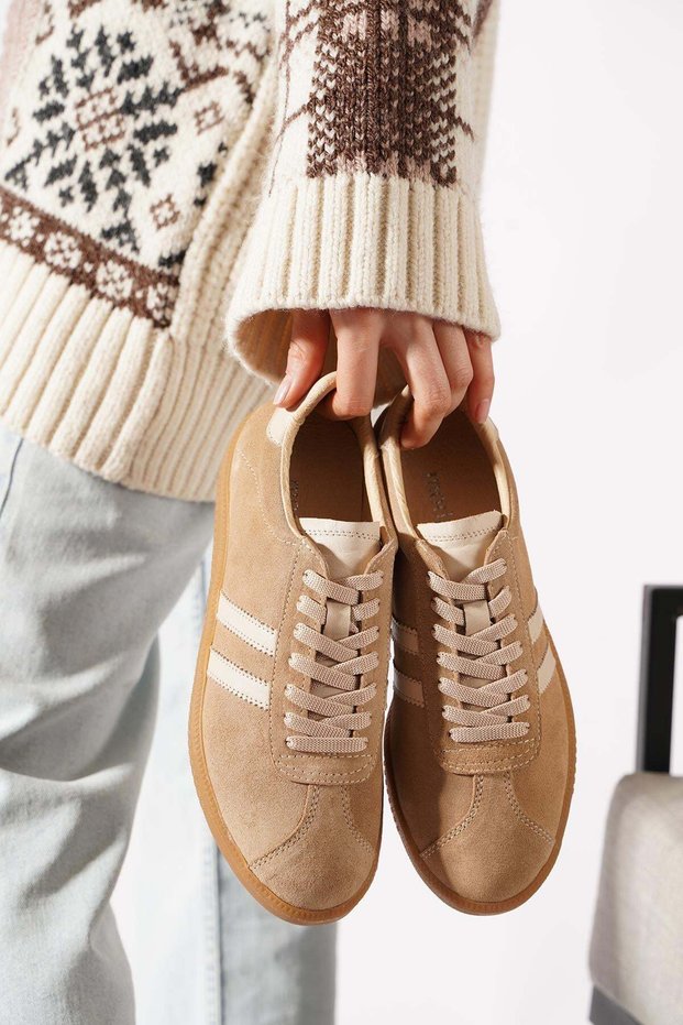 Kalecer Double Stripe Genuine Leather Women's Sports Shoes Mink Suede