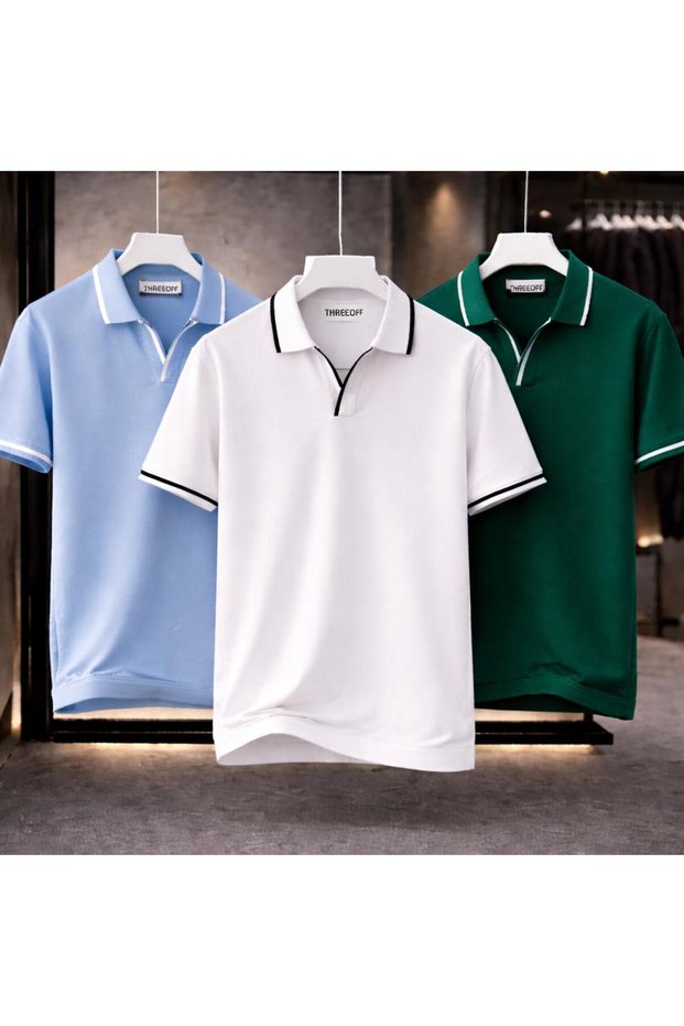 Men's 3-Piece Polo Collar T-Shirt Set Oversized V-Neck Piped Basic Model