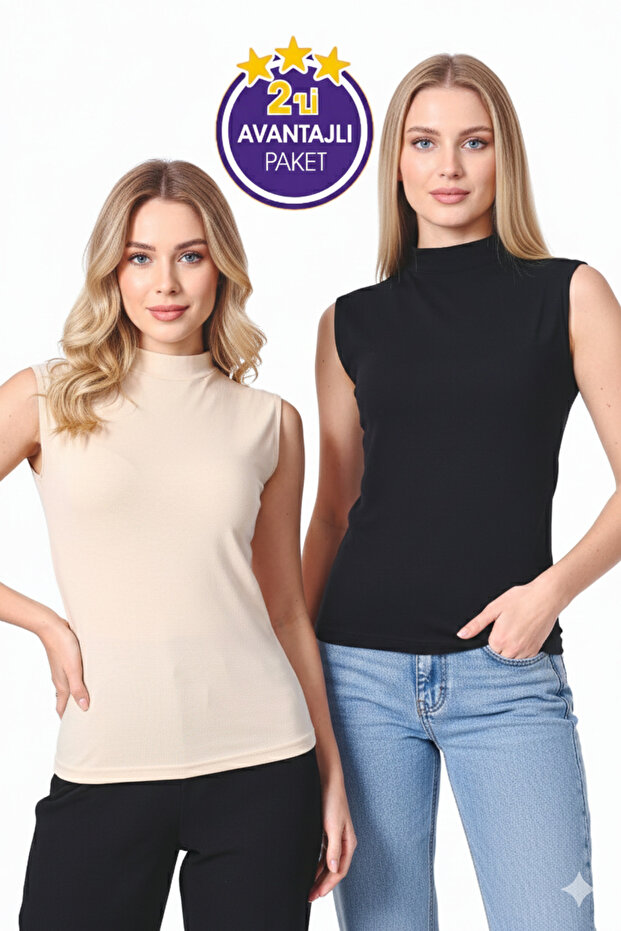 Women's Zero Sleeve Fishmen Collar Badi̇ T-Shirt Economic Pack of 2