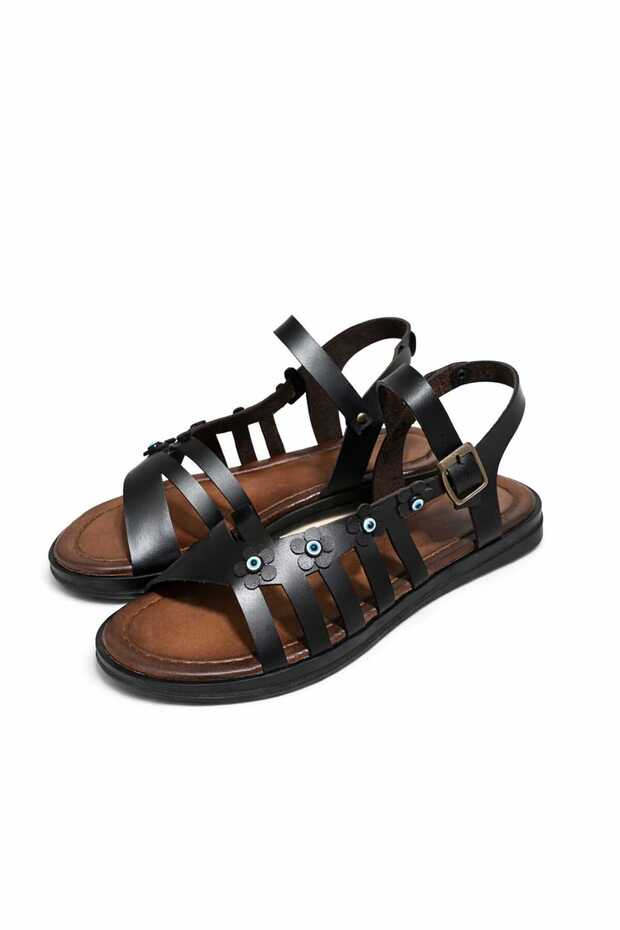 Women's Black Floral Leather Tozu Bodrum Sandals