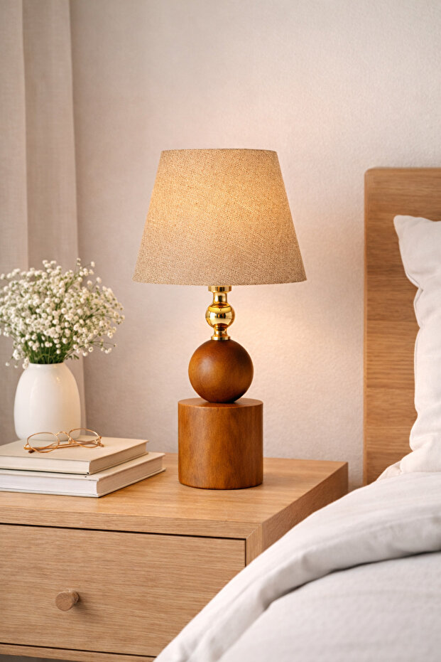 Table with Wooden Legs and Fabric Headboard, Bedside Table, Nightstand Lighting Lampshade