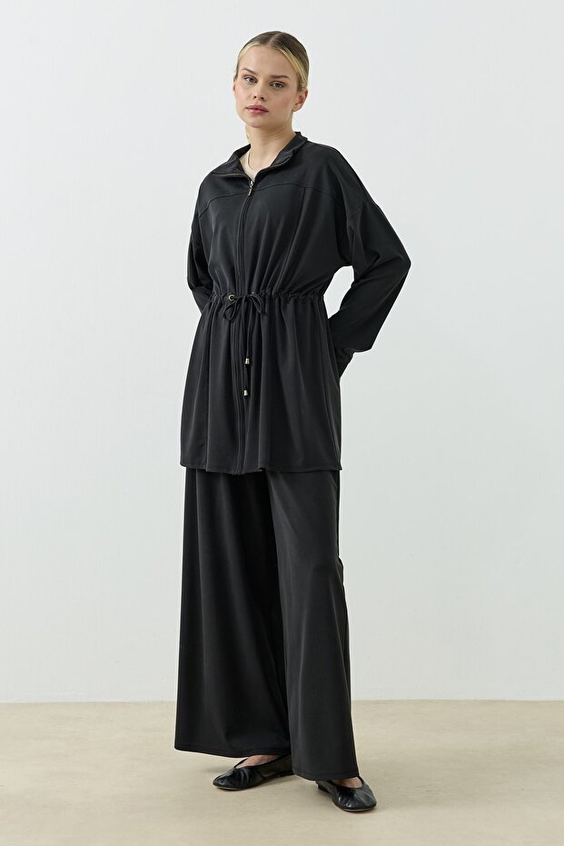 Zippered Modal Sweatshirt Set Black