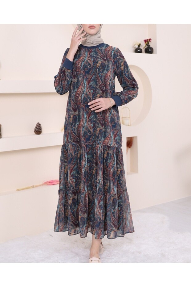 فستان شيفون مبطن بنقشة أصلية - زمردي - 2